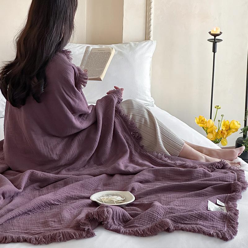 New Cotton Blanket Four-Layer Yarn Tassel Multi-Functional Blanket Solid Color Soft Comfortable Skin-Friendly For Napping