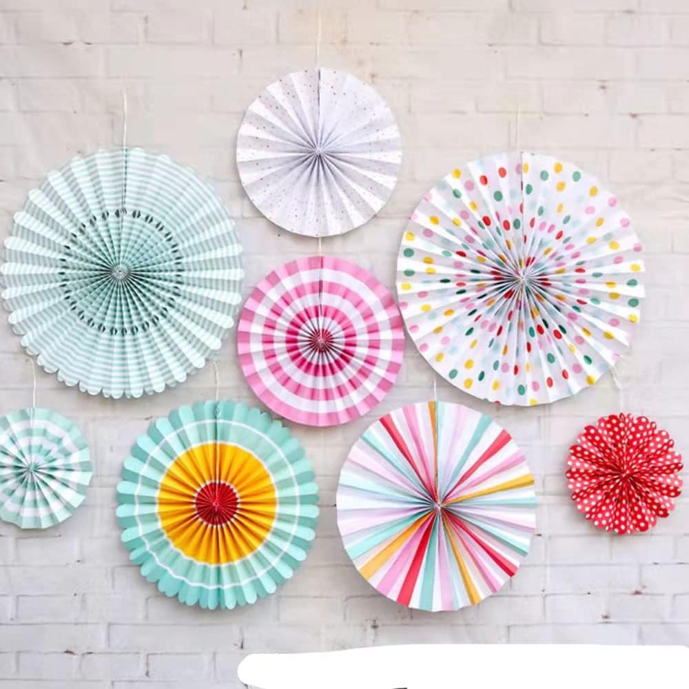 Hanging Paper Fans Party Set, Round Paper Fan Party Decoration, Set of 8 Decorative Flowers for Birthday Baby Boy Shower Graduation Wedding Classroom
