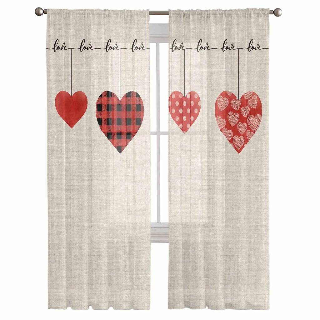 Valentine'S Day Hearts Watercolor Tulle Curtains for Living Room Sheer Curtain for Bedroom Kitchen Blinds Voile Curtains