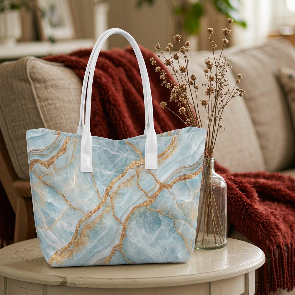 Stylish Light Blue Gold Vein Tote Bag Elegant Casual Daily Shoulder Handbag for Women