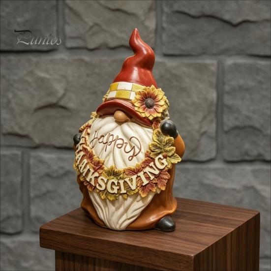 Waterproof Gnome Ornament Happy Thanksgiving Figurine, Sunflower Maple Leaf Statue, Cartoon Statue Dwarf Sculpture for Harvest Autumn Table