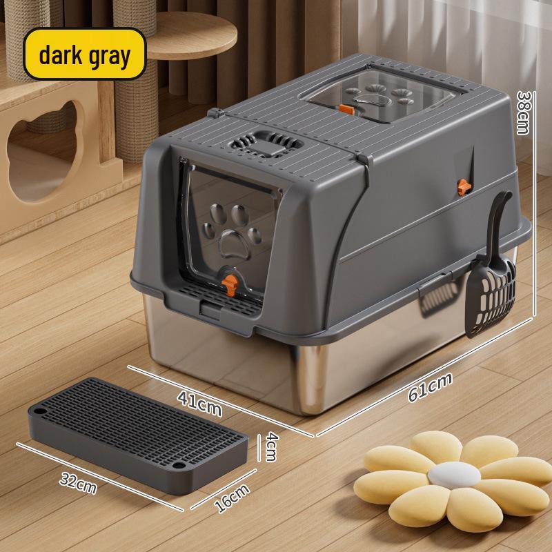 Fully Enclosed Stainless Steel Flip-Top Cat Litter Box with Odor Control, Easy-Clean Detachable Design Fully Enclosed Flip-top темно-серого