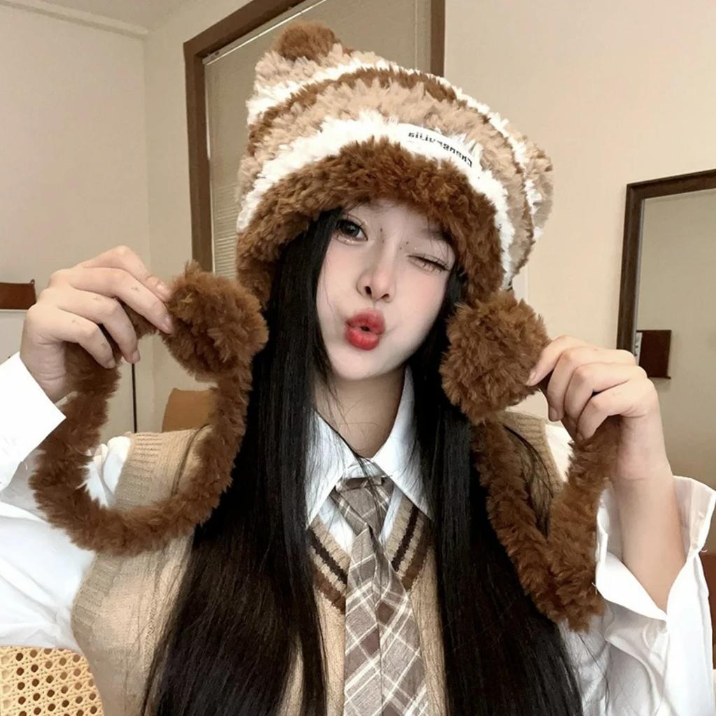 Plush Fluffy Cat Ear Knitted Hat Women Winter Thicken Keep Warm Cute Hair Ball Stripe Ear Protection Beanies Hats Pullover Cap