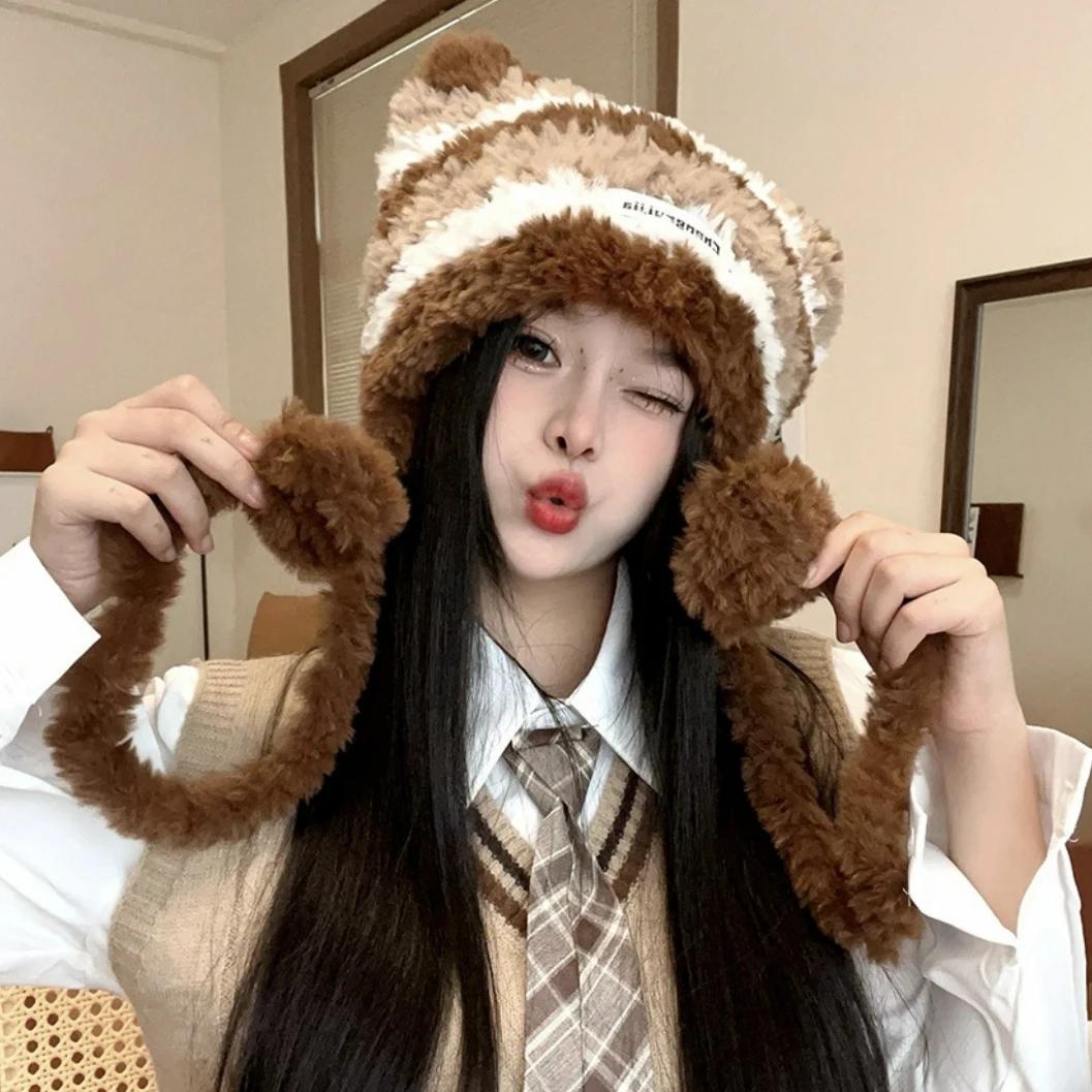 

Плюшевая пушистая шапка с кошачьими ушками, женская, зимняя, утолщенная, теплая, милая, с помпоном, полосатая, с защитой ушей, шапки-бини, шапки-пуловер кофейный