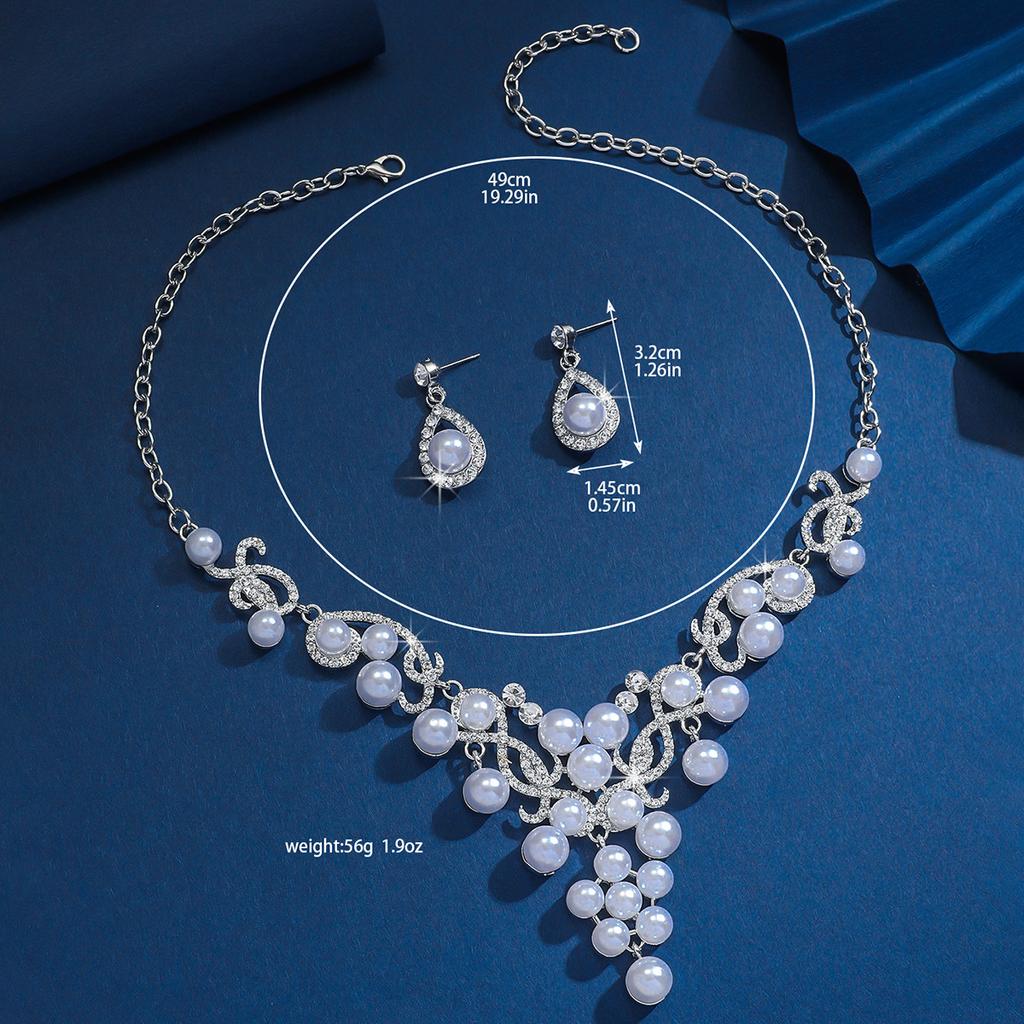 3pcs women's Zircon set, alloy water droplet shaped flower pearl necklace earrings, bride's wedding accessories