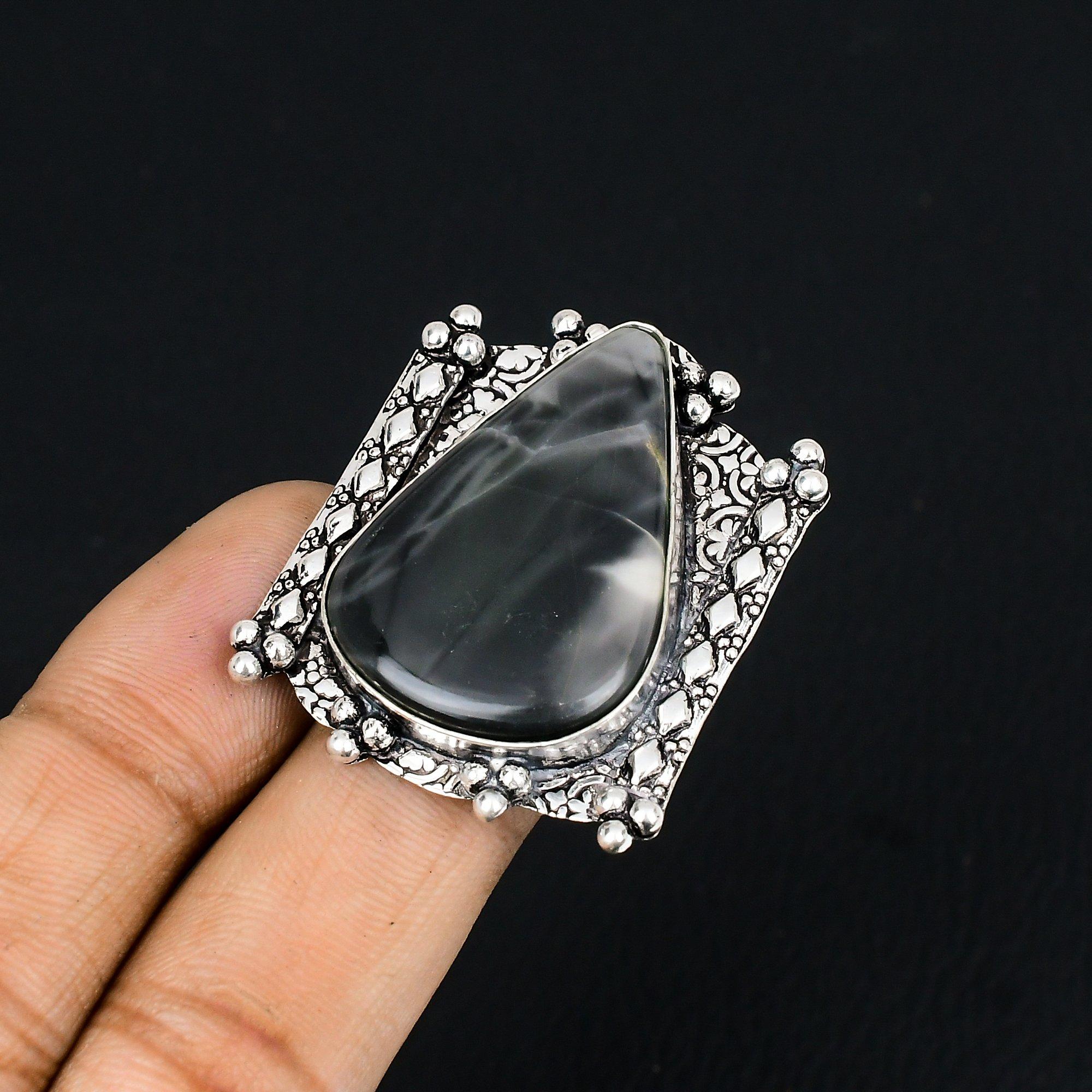 

Wedding Gift For Her 925 Silver Natural Fume Agate Statement Ring Size 7.5 7.5