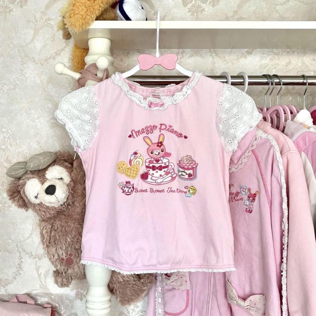 Sweet Kawaii Cartoon Tshirts Polka Dot Print Women T-shirt Loose Casual Contrast Color Cute Graphic Tee Tops Japan Y2k Aesthetic