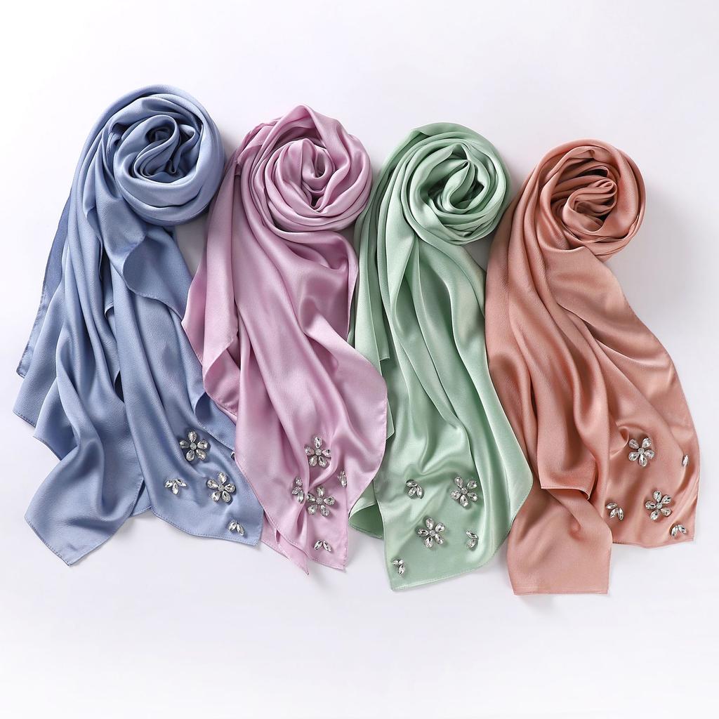2024 New Imitation Silk Bubble Chiffon Handmade Diamond Scarf Hui People Scarf Malaysian Headscarf Scarf 175CM