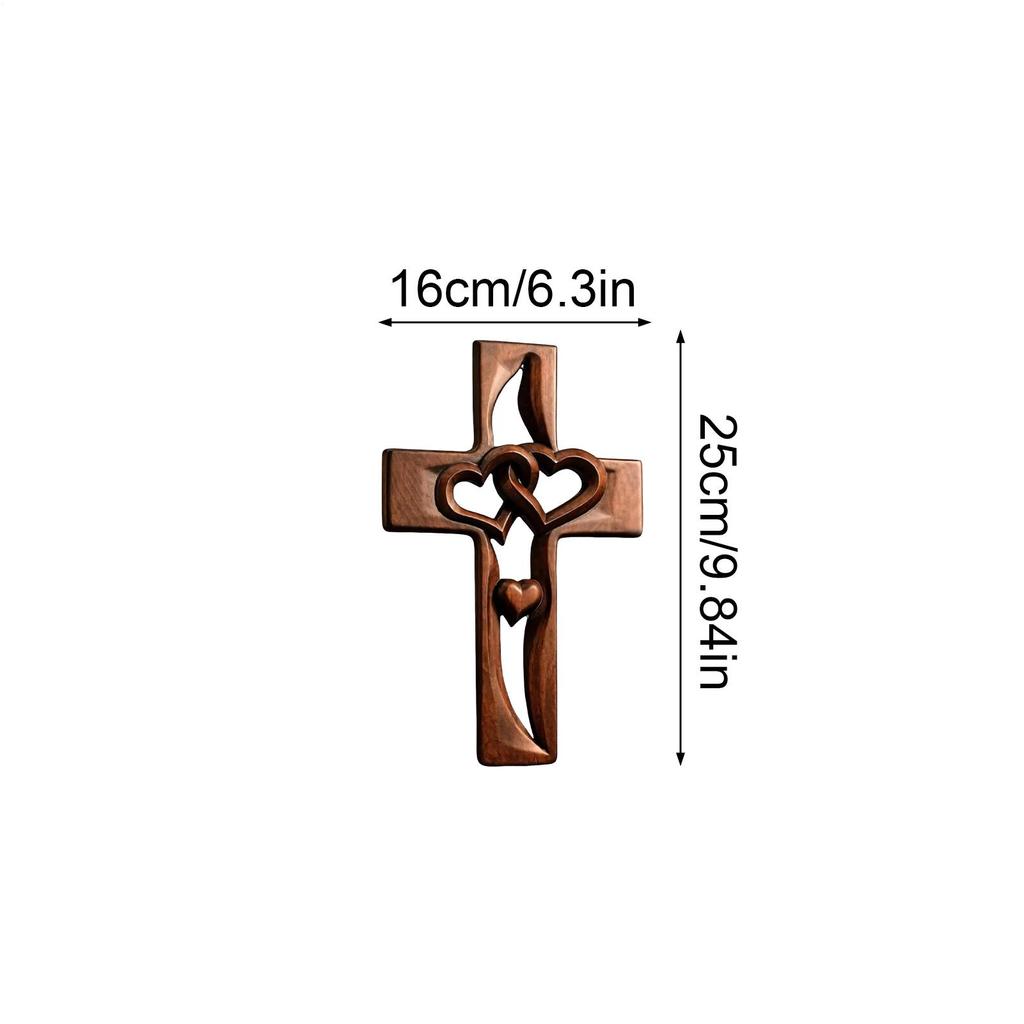 Hand-Carved Intertwined Hearts Wooden Cross Religious Hand-carved Decoration Rustic Hollow Heart Statue Wall Decor For Home
