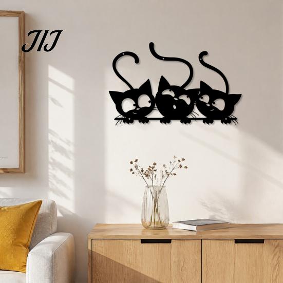 Indoor Outdoor Wall Decoration Metal Black Cat Art, Cartoon Kitten Silhouette Decoration, Decorative Cute Nursery Decor Sculpture for Lovers,