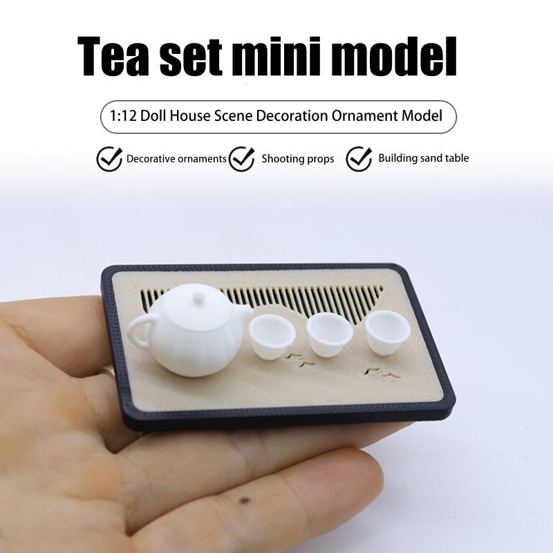 1/12 Dollhouse Mini Teapot Teacup Drain Tray Set Model Dollhouse Micro Scene Decoration Accessories Pretend Play Toys