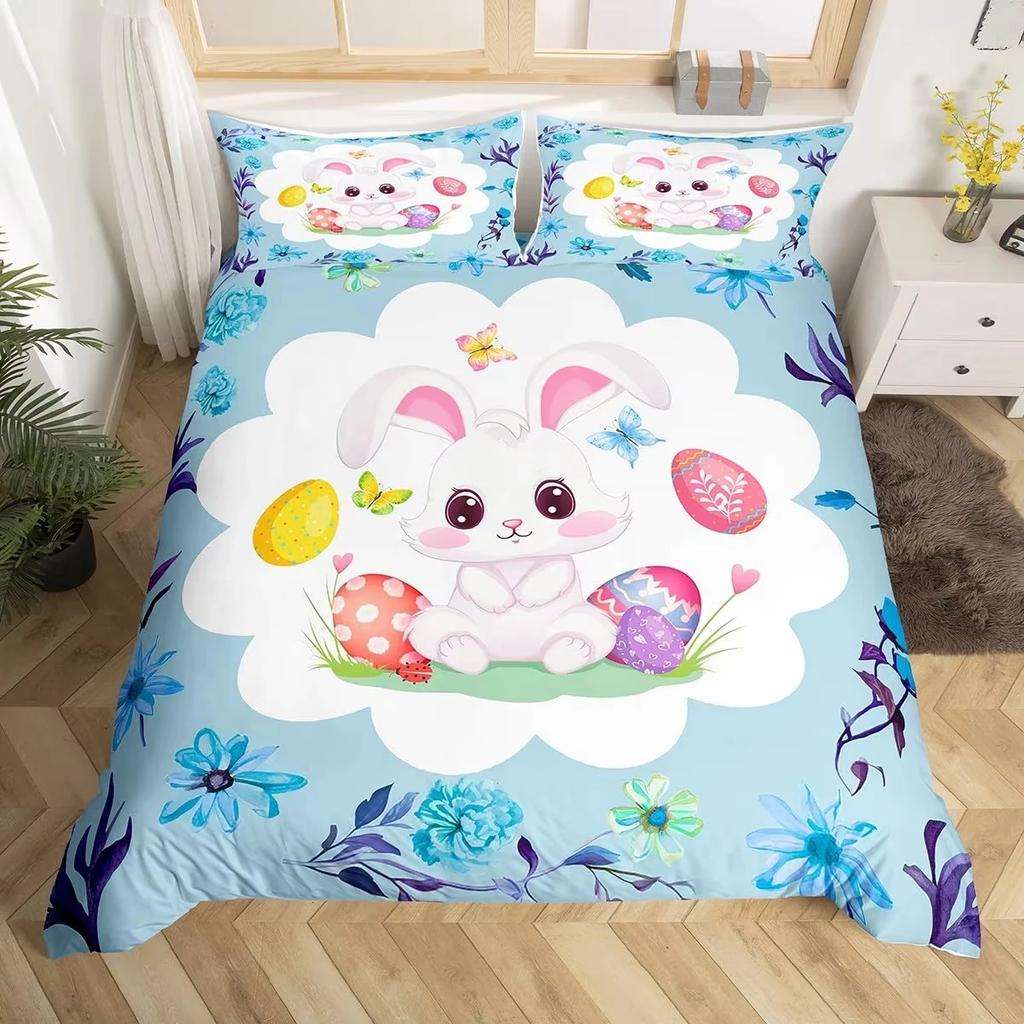 Easter Decor Rabbit Duvet Cover Colorful Flowers Bedding Set Girls Kids Room Kawaii Decor Easter Gifts Comforter Cover 2/3 Pcs