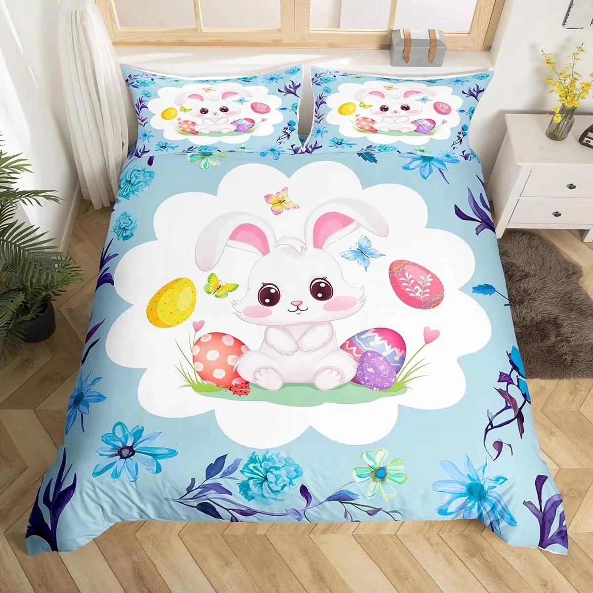 

Easter Decor Rabbit Duvet Cover Colorful Flowers Bedding Set Girls Kids Room Kawaii Decor Easter Gifts Comforter Cover 2/3 Pcs EU Twin(135x200cm)