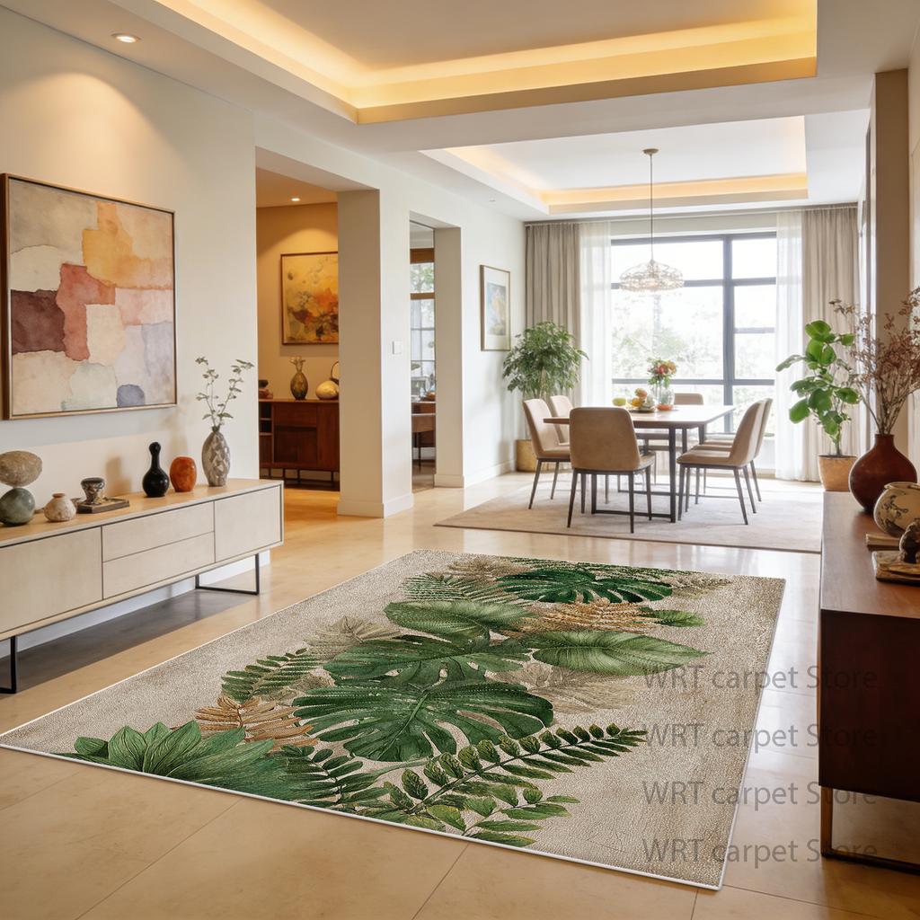 Tropical Plant Living Room Dining Room Area Rugs Green Decoration Machine Washable Rug Patio Foldable Antiskid Floor Mat Fluffy