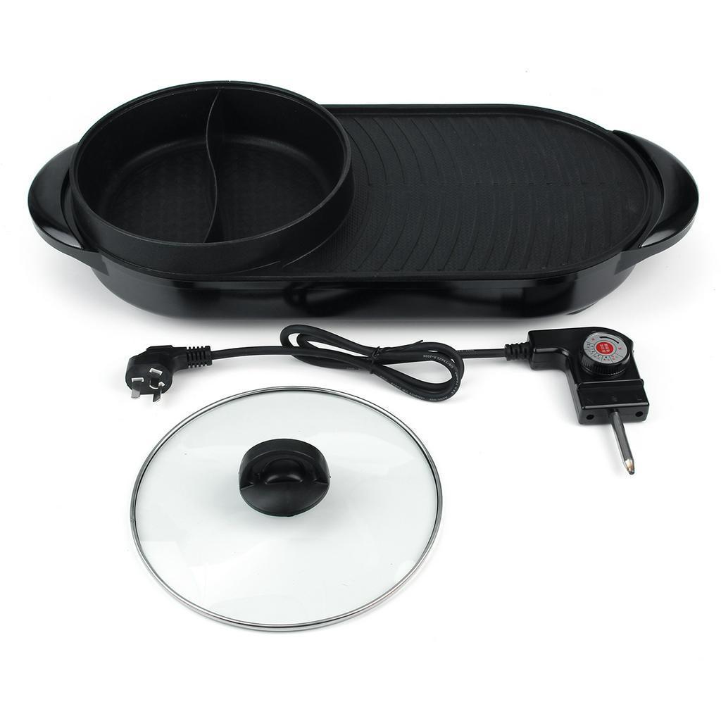 220V 2-In-1 5 Temperature Chafing Dish Non-Stick Pan Portable Electric Grill Hot Pot Oven Adjustments Home BBQ Smokeless Grill