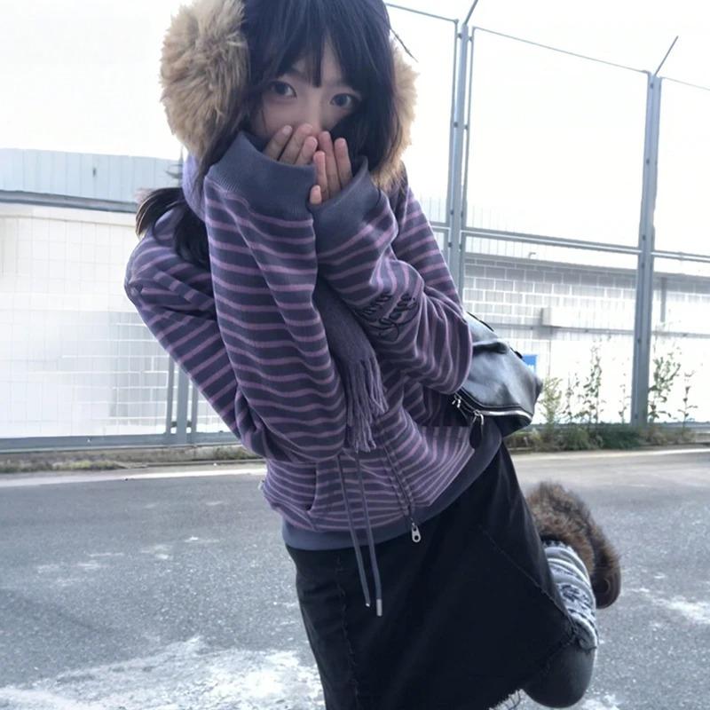 Японский фиолетовый полосатый кардиган в стиле Y2k, вязаная куртка с воротником-стойкой в стиле 2000-х, винтажная, Harajuku, на молнии, вязаные изделия, корейский, 90-е XL фиолетовый