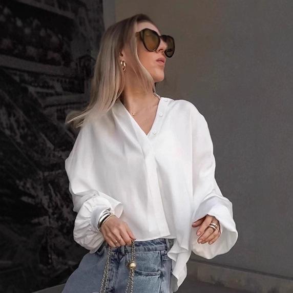Temperament white stand-up collar shirt women's 1116 autumn old money style loose women's shirt medium and long women's clothing