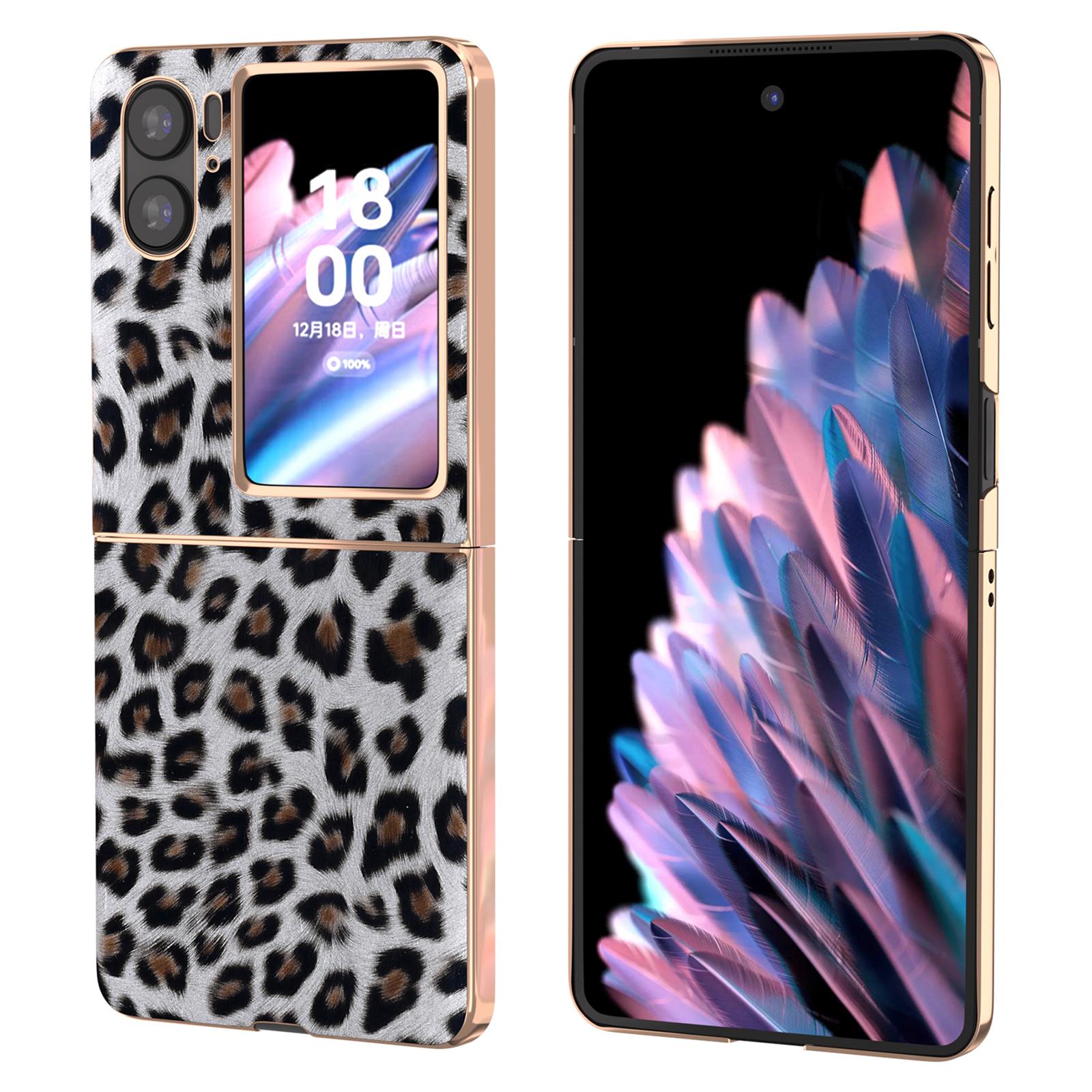 

Electroplating Phone Case for Oppo Find N2 Flip 5G,Leopard Pattern Hard PC+PU Leather Phone Cover Silver