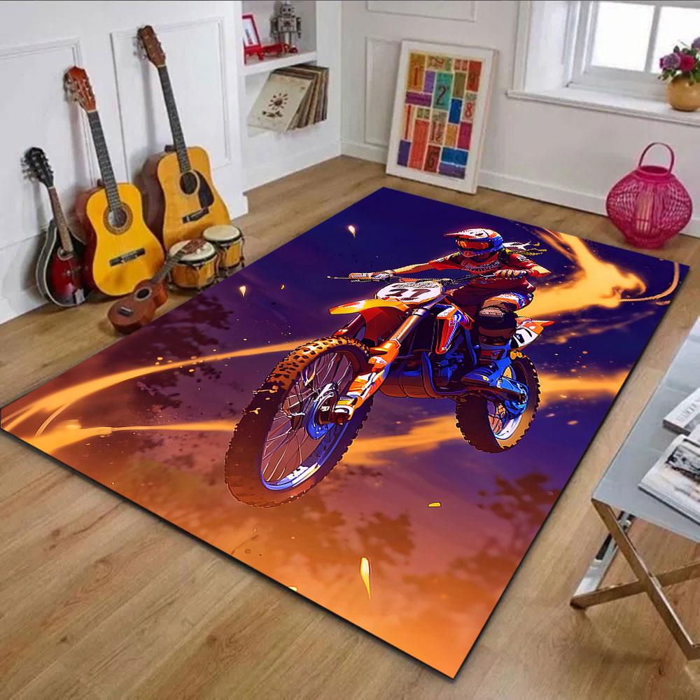 "Motocross Rider in Fiery Action" Patterned carpet, non slip mat suitable for living room and bedroom sofas