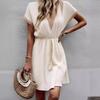 Women's Summer Dress, Spring and Summer Solid Color Short Sleeve Lace V-neck Waist-fitted Dress Casual Drawstring Waist Vacation Dress