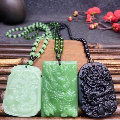 Fashion Chinese Ethnic Style Glass Hand-Carved Dragon Pendant Necklace Amulet Women Man'S Lucky Jewelry Gift