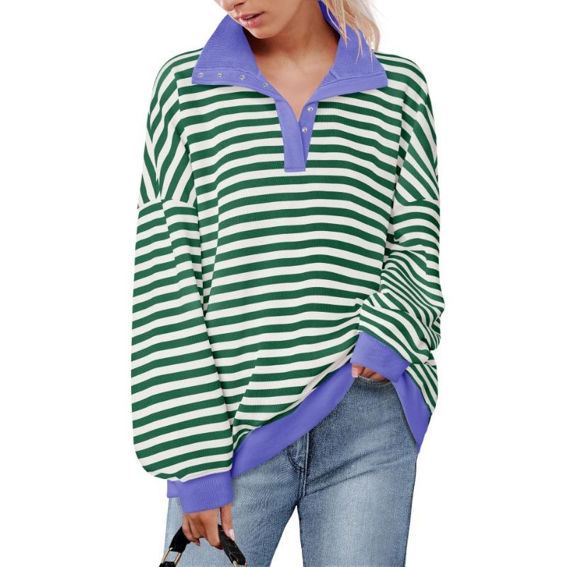 

YYFS Женская мода Повседневная весна-осень Полосатый принт Длинные рукава Поло воротник блузки и рубашки L фиолетовый