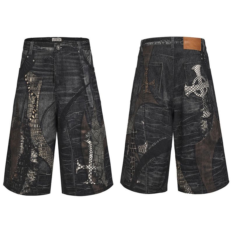 

Dnd4Des Original Design American Street Style Cross Patchwork Digital Print Denim Shorts Capri Pants Black M
