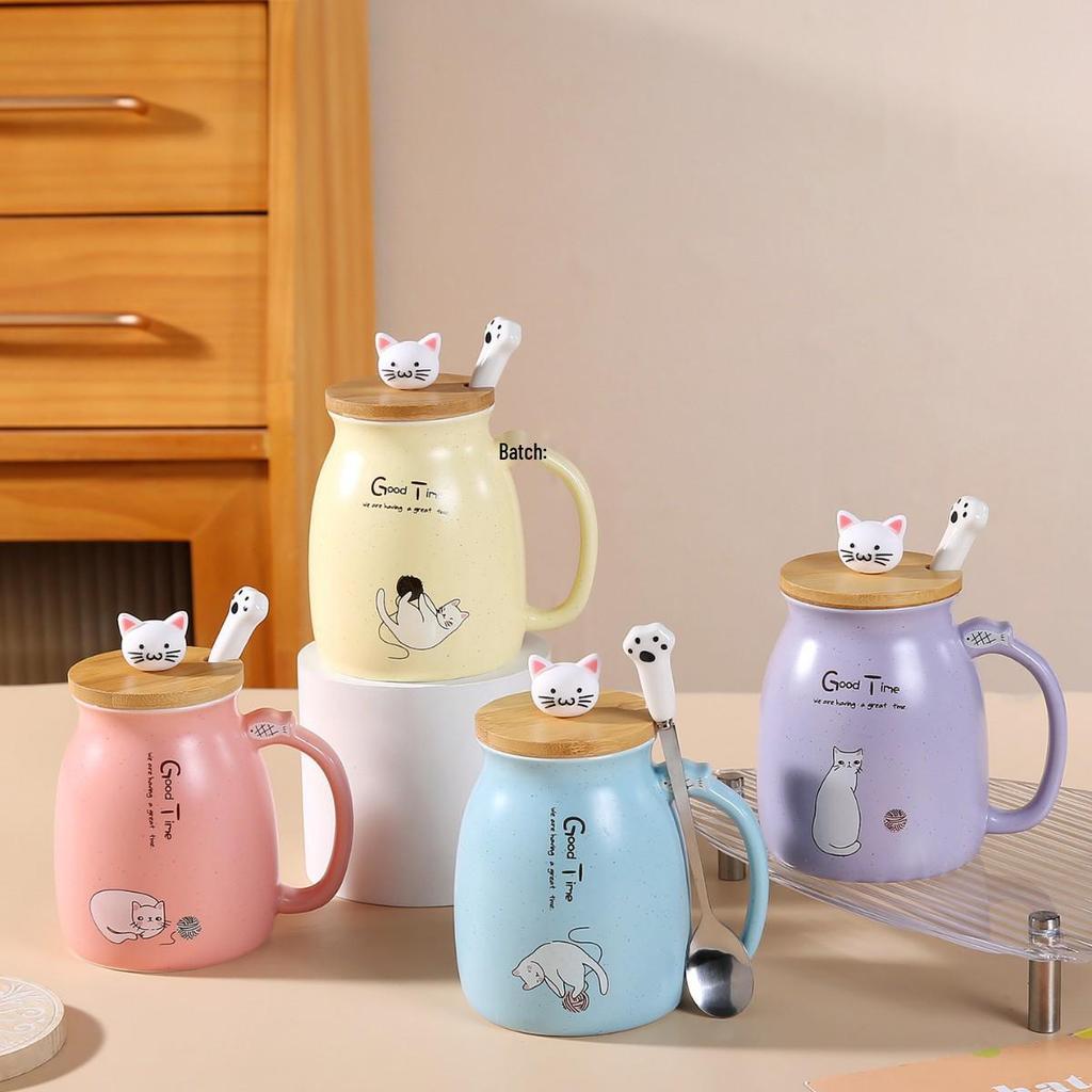 Cartoon Couple Cute Cat Ceramic Mug with Lid and Spoon