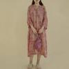 Women Vintage Ramie Print Floral Dress Seven Sleeve Autumn Robes Loose Button V-Neck A-Line Dresses