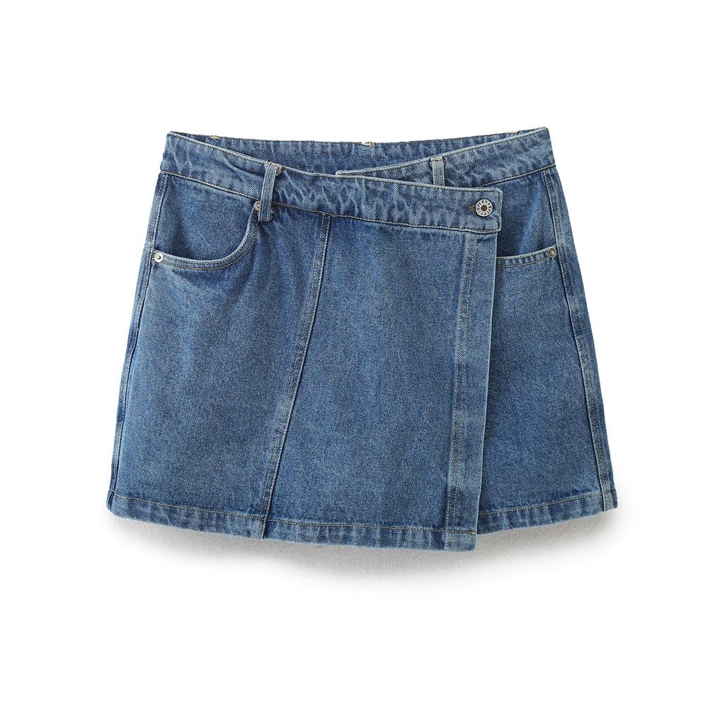 Camicia Corta in Denim Decorata con Borsa a Sfiato Retro Primaverile