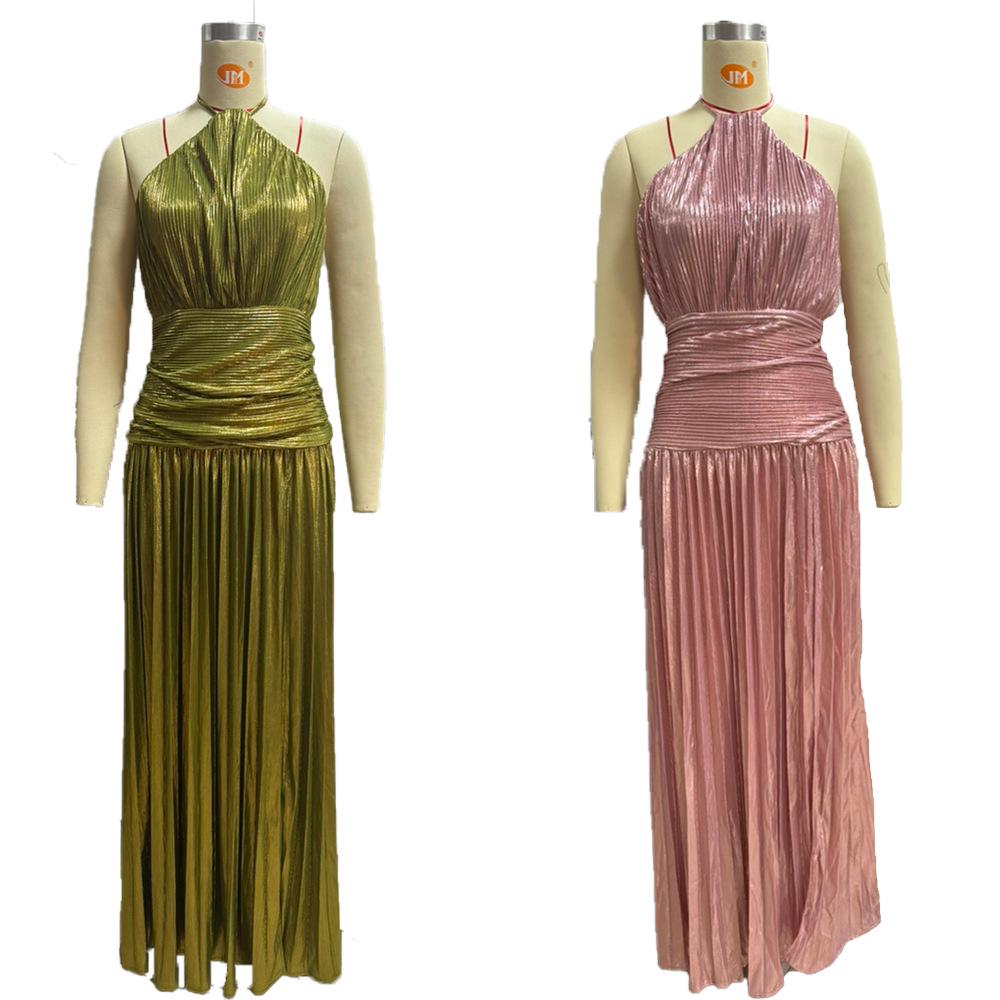 European and American Women's Metallic Pleated Slit Halter Dress 8155 - Sleeveless & Backless