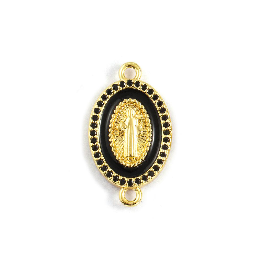 1 Piece Brass & Cubic Zirconia Religious Connectors Charms Pendants 18K Gold Plated Enamel Oval Jesus Double Sided 24mm x 14mm