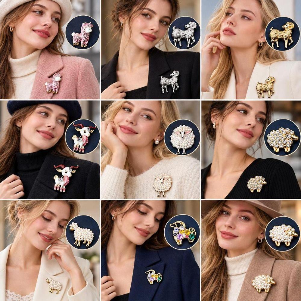 Shiny Rhinestone Sheep Brooch Faux Pearl Lapel Pin Gifts Cardigan Clip Clothing Accessories