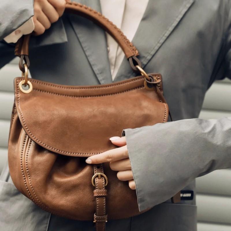 Vintage Washed Leather Saddle Bag - Casual Commuter Handbag Women