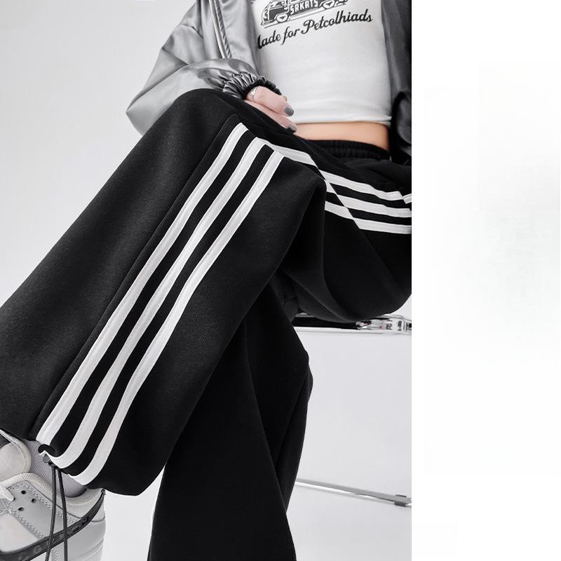 

Весенне-летние трехполосные спортивные штаны женские новые с высокой талией и тонкие широкие прямые повседневные модные спортивные штаны S