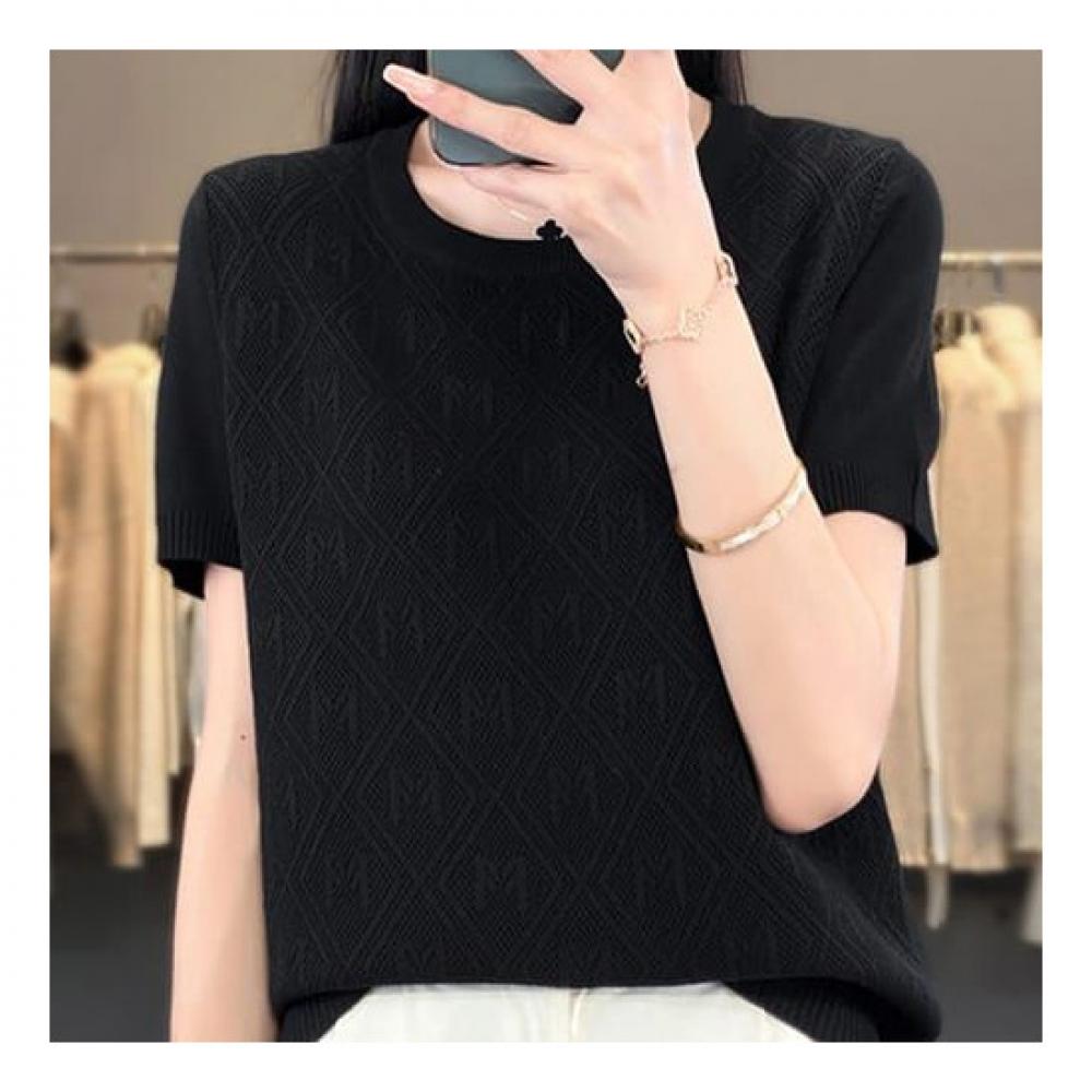 Navava Nk2152 Embossing AlphabeT Simple ShorT Sleeve KniT T shirT