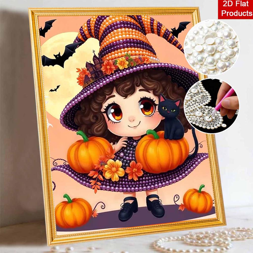 Pearl Painting DIY Kit Frameless Halloween Witch Pumpkin Cat Pattern Shiny Bead Art Canvas Creative Wall Decor Gift Craft Home Art