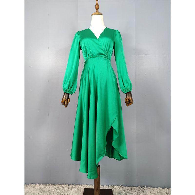 

Export FN Home High Quality Smooth Satin Long Sleeve Lantern V Neck Sexy Slit Temperament and Beautiful Casual Dress Brilliant Green XL(14)