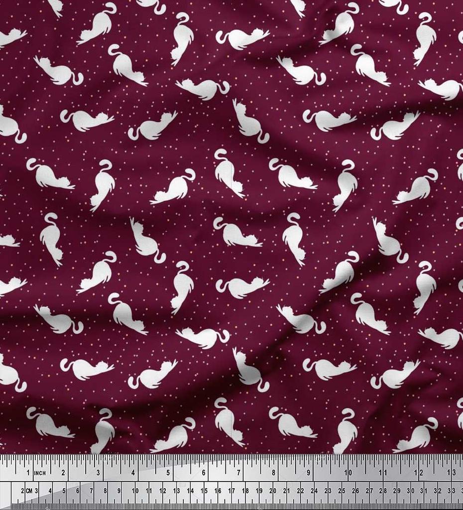 Soimoi Black Poly Crepe Fabric Floral & Cat Animal Print Fabric by the Yard 42 Inch