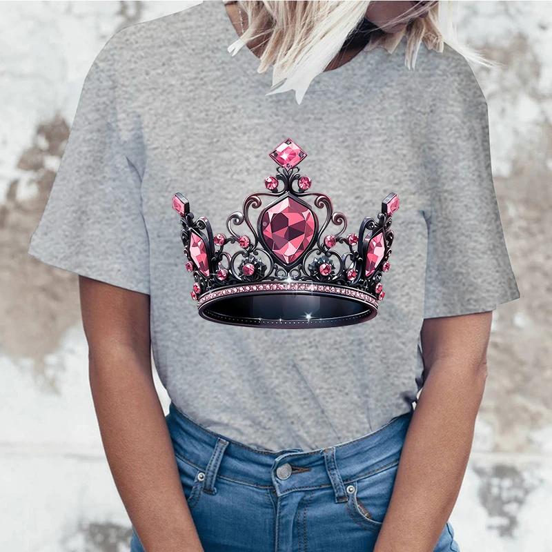 Crown Letter Printed Women T-Shirts Crown Short Sleeve Shirts Summer Round Neck Tee Shirt Casual Tops