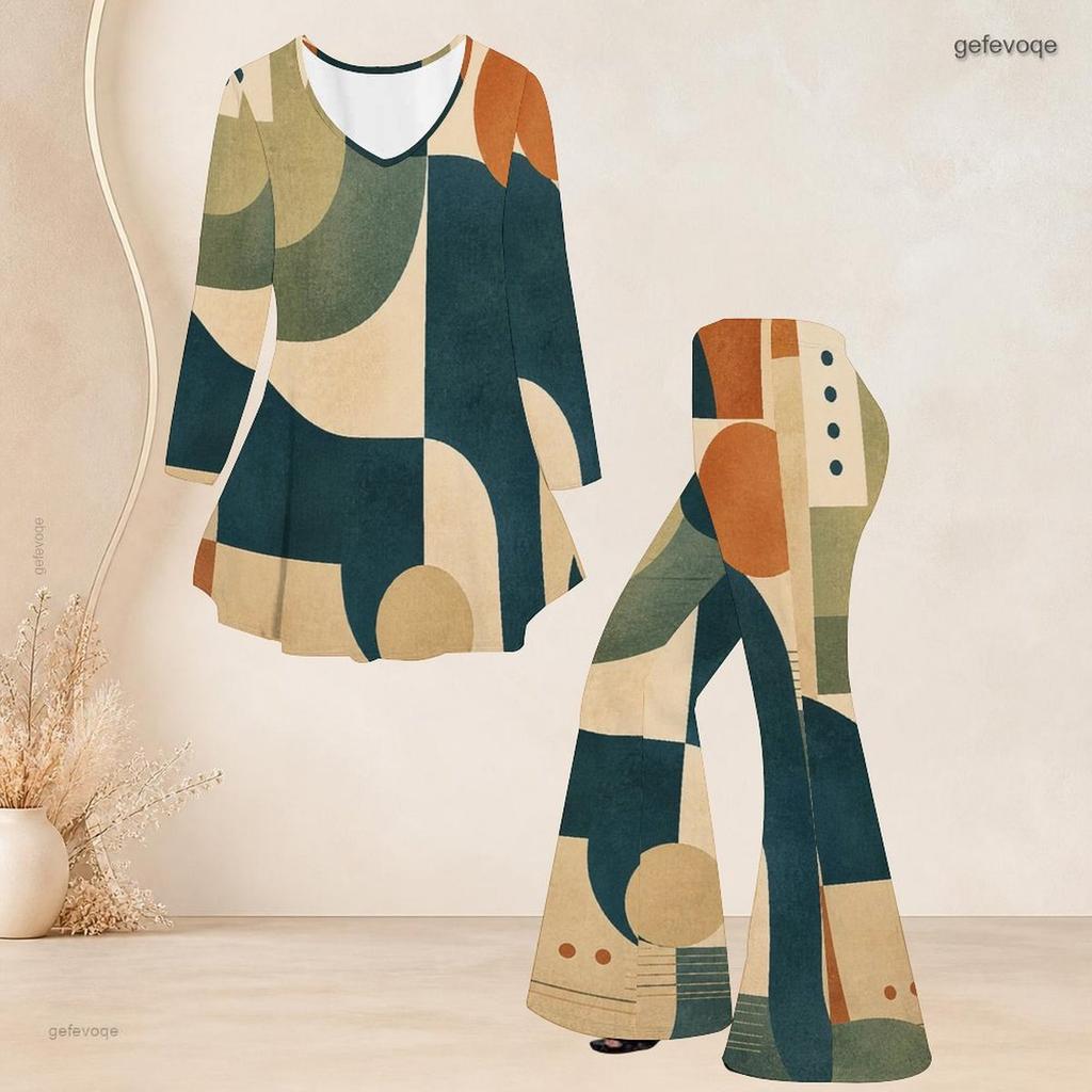 Women Plus Size Round Neck Three Quarter Sleeve Printed Flared Top And Flared Pants Two Piece Set