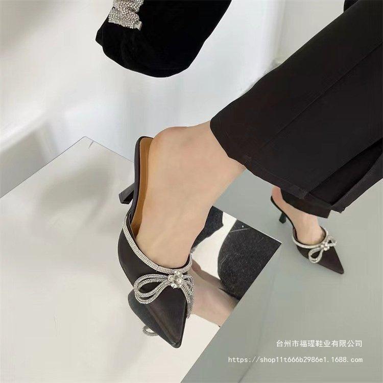 2025 European and American Fine Heel Medium Heel Bag Head Half Drag Women's Rhinestone Bow Pointed Fashion Slippers High Heel Outer Wear Sandals