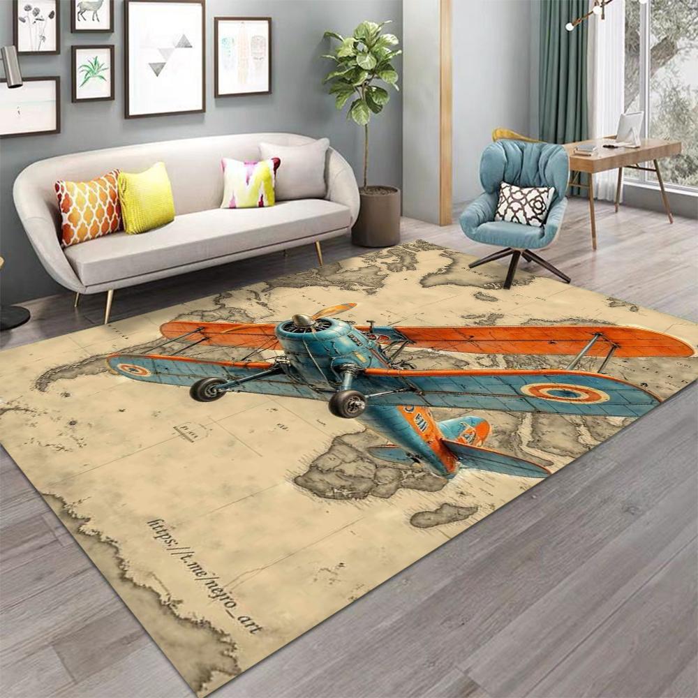 Vintage Flugzeug Teppich Retro Flieger Design Großer Teppich für Wohnzimmer Sofagarnitur Moderne Wohnkultur Bodenmatte