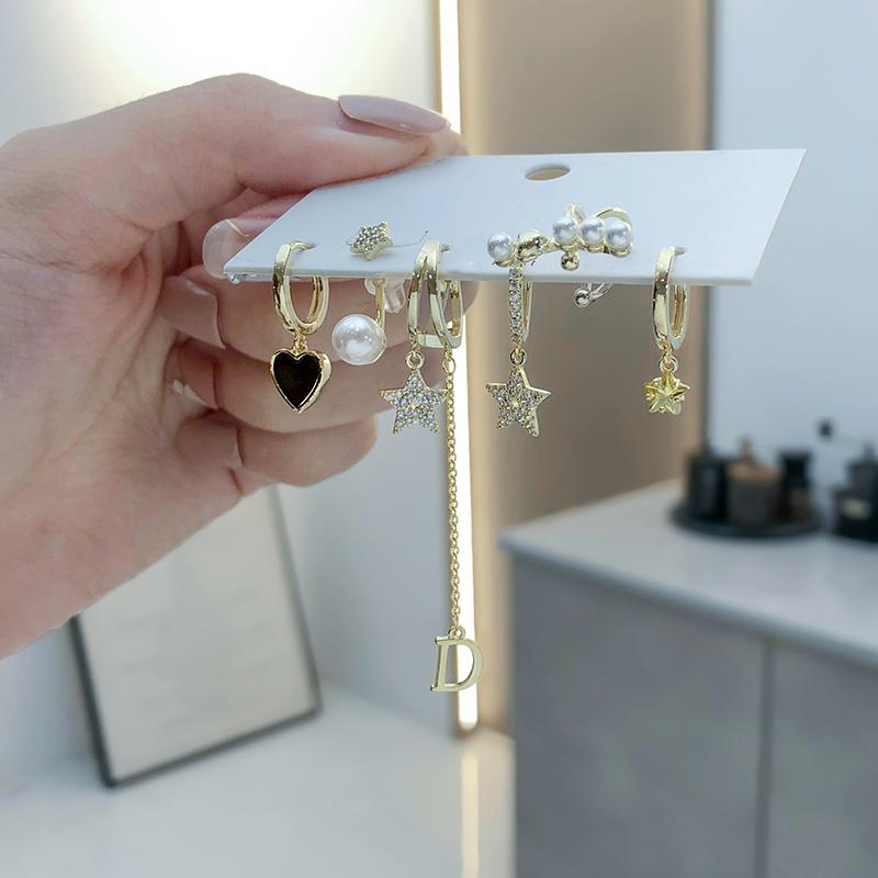 ANENJERY Cyrkon Gwiazda Serce Perła Chwost Litera D Kolczyki Koła Dla Kobiet Osobisty 6-częściowy Zestaw Kolczyków