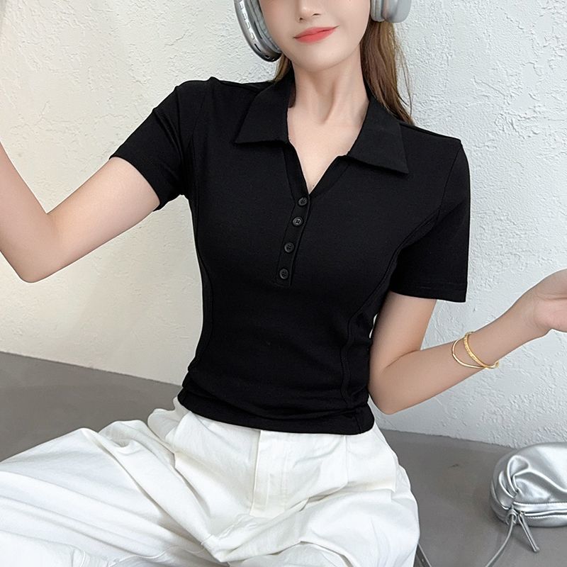 Letni Damski T-shirt Polo Krótki Rękaw Wyszczuplający Modny Top Casualowy Strój do Pracy