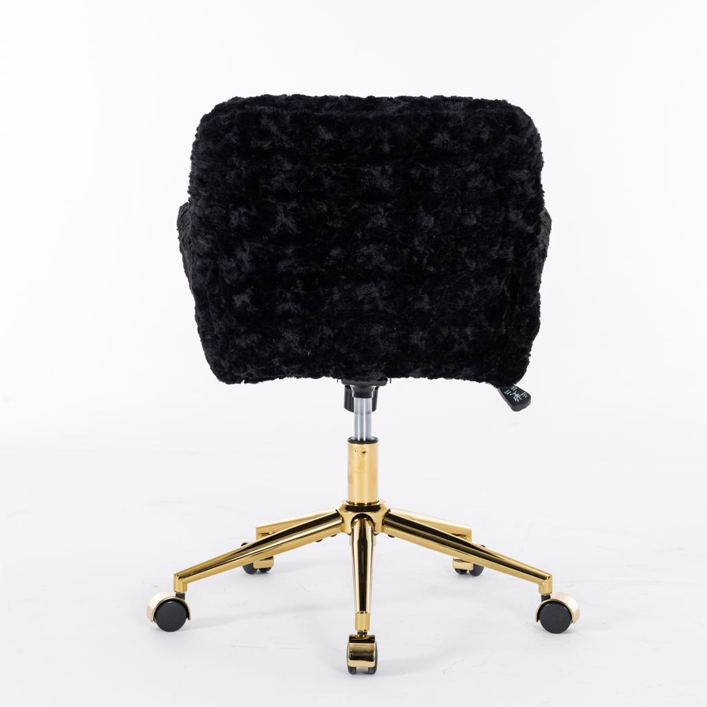 Fluffy Faux Rabbit Hair Vanity Chair, Black Adjustable Height 360 Degrees Swivel Home Office Chair with Armrest, Golden Metal Rolling Base,DE1831BK