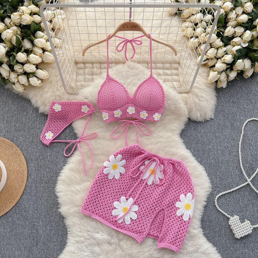 Korean Hollow Out Knitted Suits Women Halter Lace Up Bow Backless Tank Top+Drawstring Split Mini Skirt Two Pieces Sets