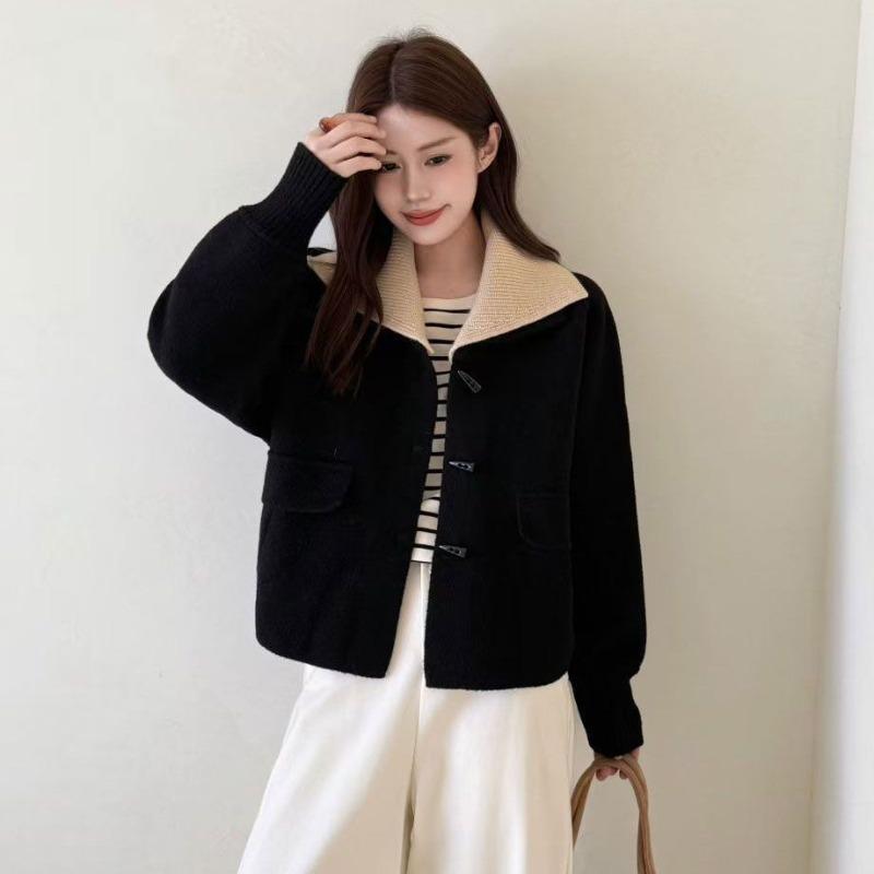 Women Beige Navy Collar Coat Toggle Button Pocket Loose Woolen Short Clothes