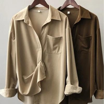 Vintage Langarm Cordhemd Herbst Und Winter Frauen Kleidung Mode Drehen Unten Kragen Bluse Casual Tasche Mantel Tops 30247