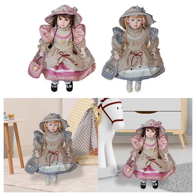 Ceramic Doll with Hat and Hair Glazed Makeup Face Elegant 17.72inch Collectibles Dress Up Porcelain Doll for Girls Birthday Gift